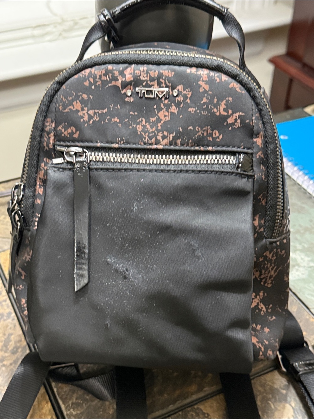 Tumi Black Mini Backpack with Rose-Tone Print